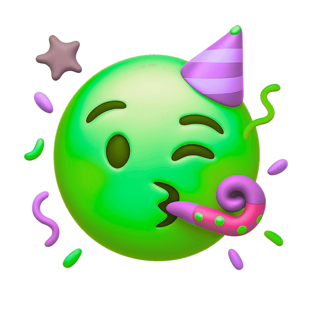 3D Green Party Emoji with Purple Hat, Confetti, and Party Horn &ndash; Transparent Background ClipArt