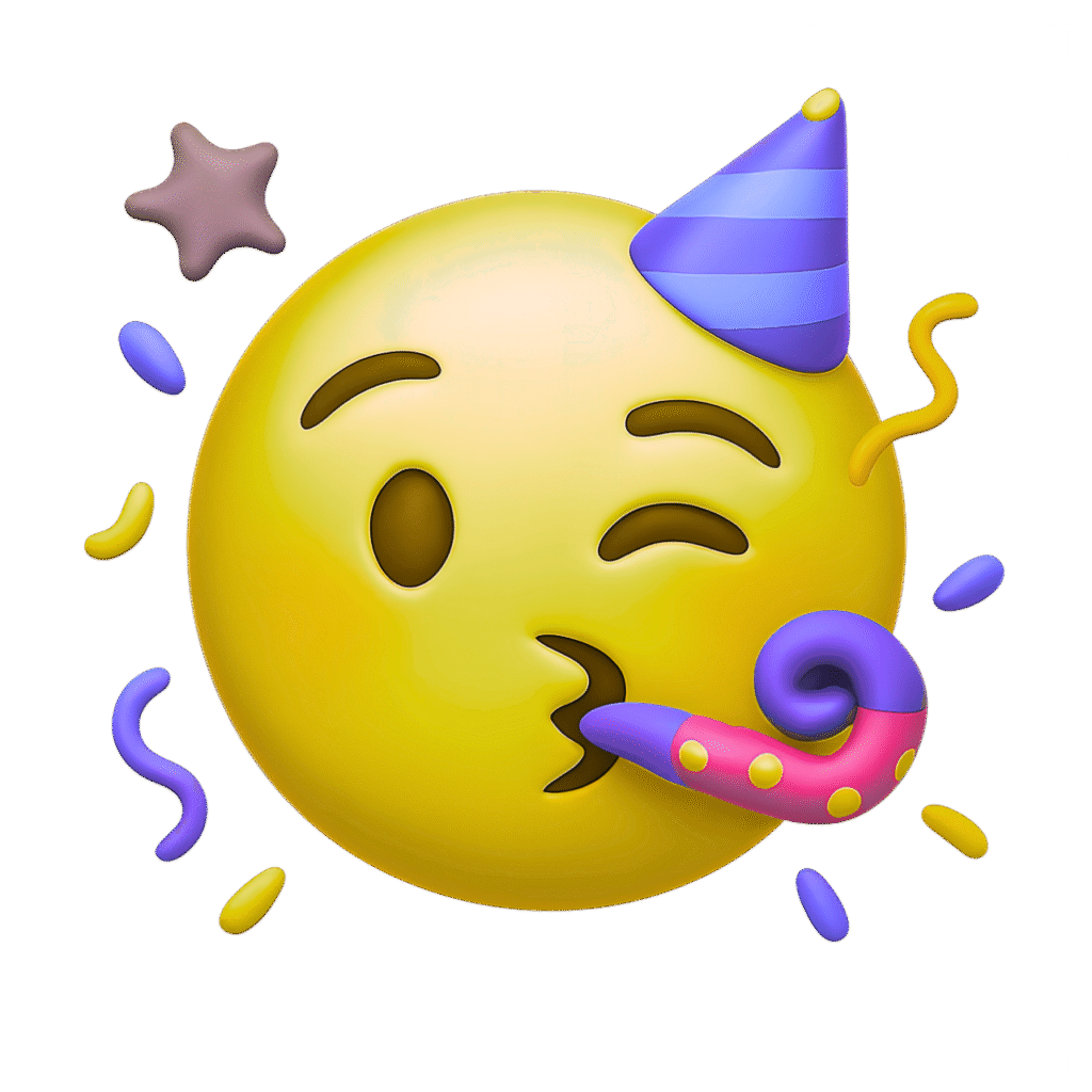 3D Yellow Party Emoji with Purple Hat, Confetti, and Party Horn &ndash; Transparent Background ClipArt