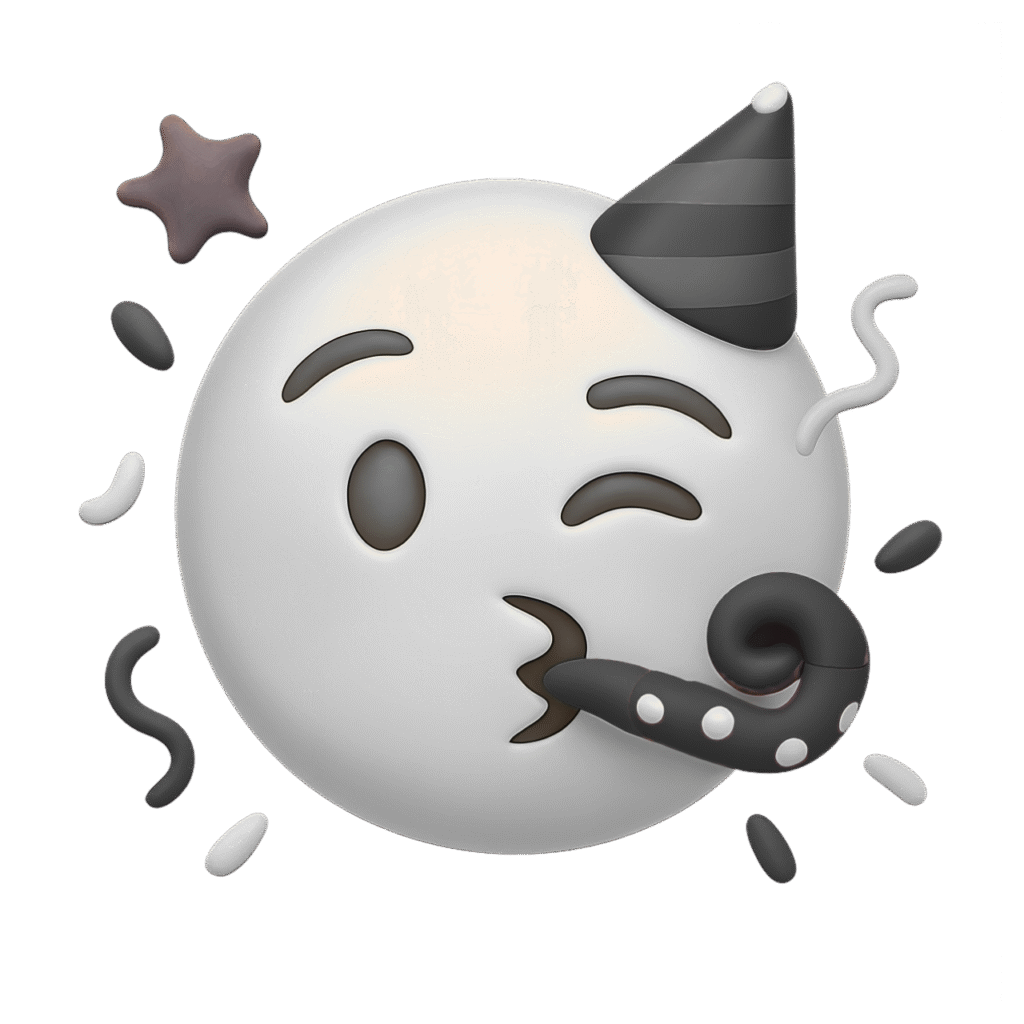 Monochrome 3D Party Emoji with Black Cone Hat and Party Blower &ndash; Transparent Background Celebration PNG
