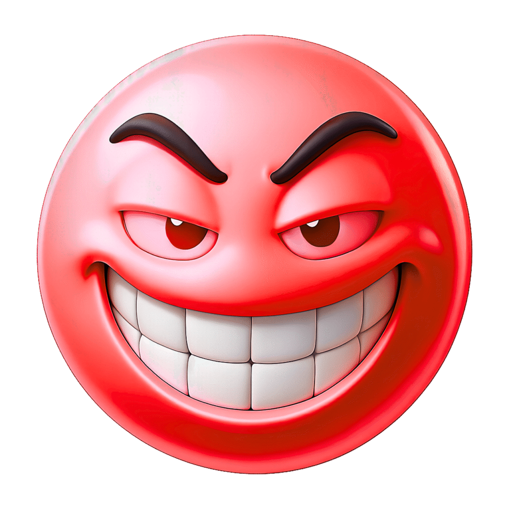 Red 3D Troll Emoji with Cheeky Grin and Raised Eyebrows &ndash; Transparent PNG Clipart