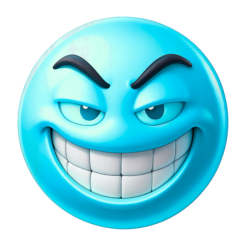 Blue 3D Troll Emoji with Sly Grin and Arched Brows &ndash; Transparent Background ClipArt