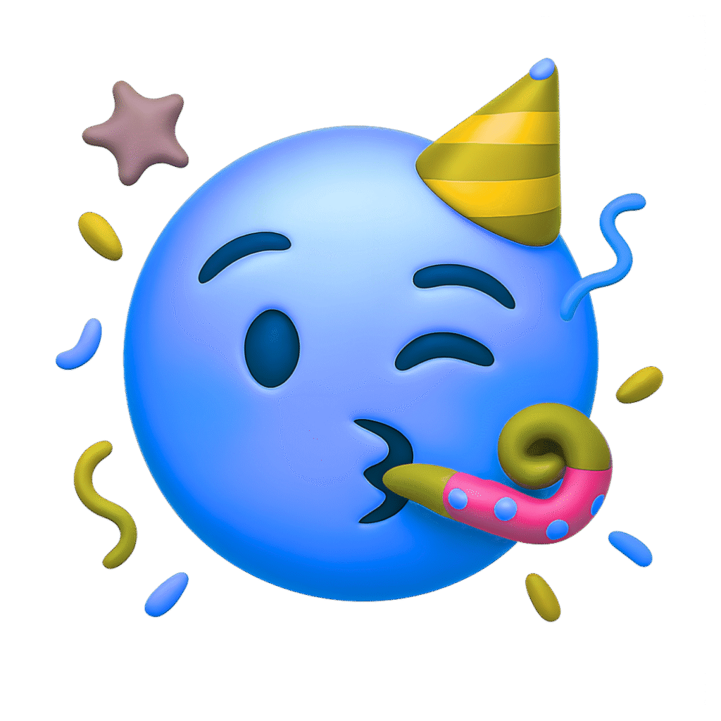 3D Blue Party Emoji with Confetti, Party Hat, and Horn on Transparent Background