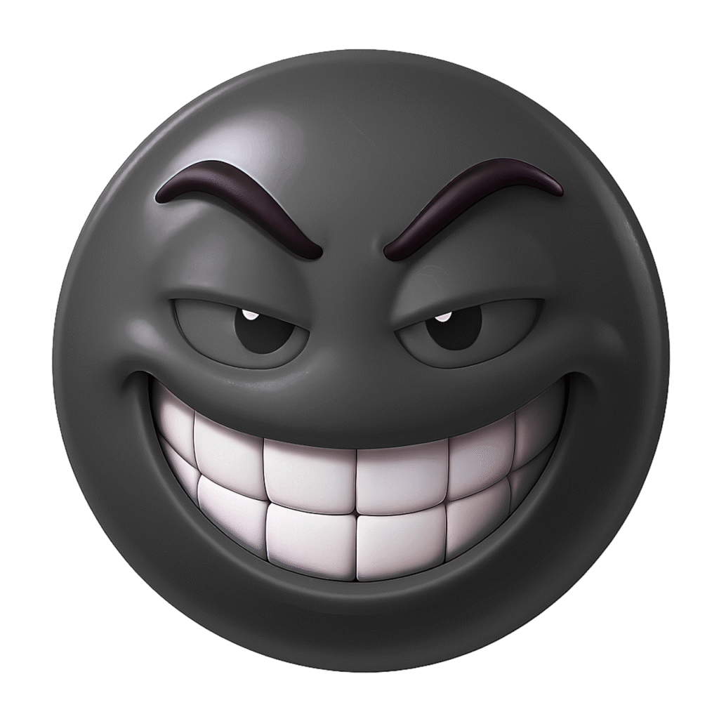 3D Black Troll Face Emoji with Mischievous Grin &ndash; Transparent Clipart PNG
