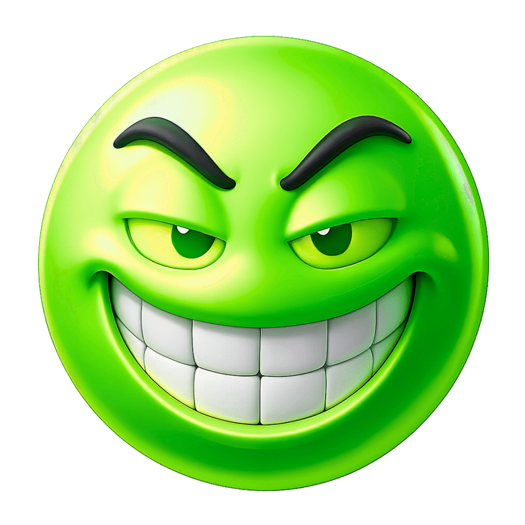 Green 3D Troll Face Emoji with Sarcastic Grin and Arched Eyebrows &ndash; Transparent PNG Clipart