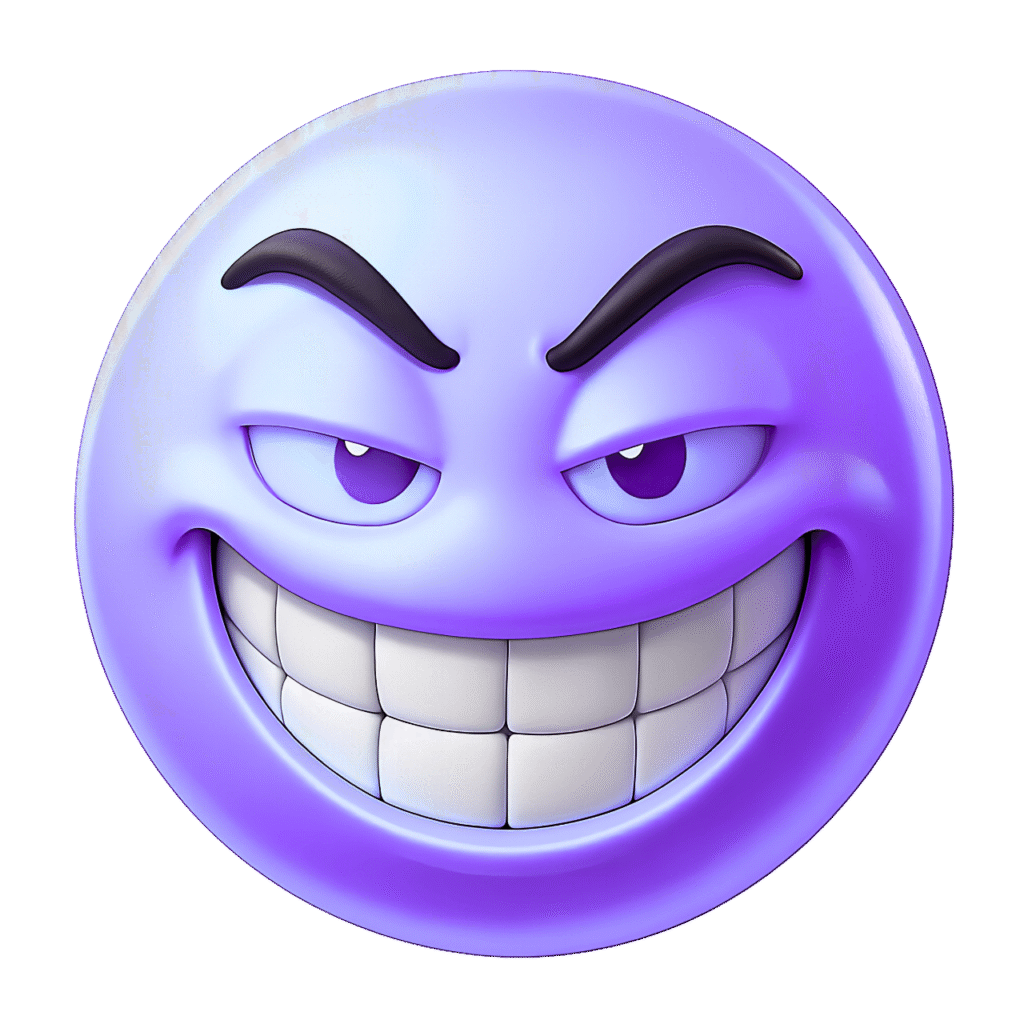 Purple 3D Troll Emoji Smirking with Arched Eyebrows &ndash; Transparent Background PNG