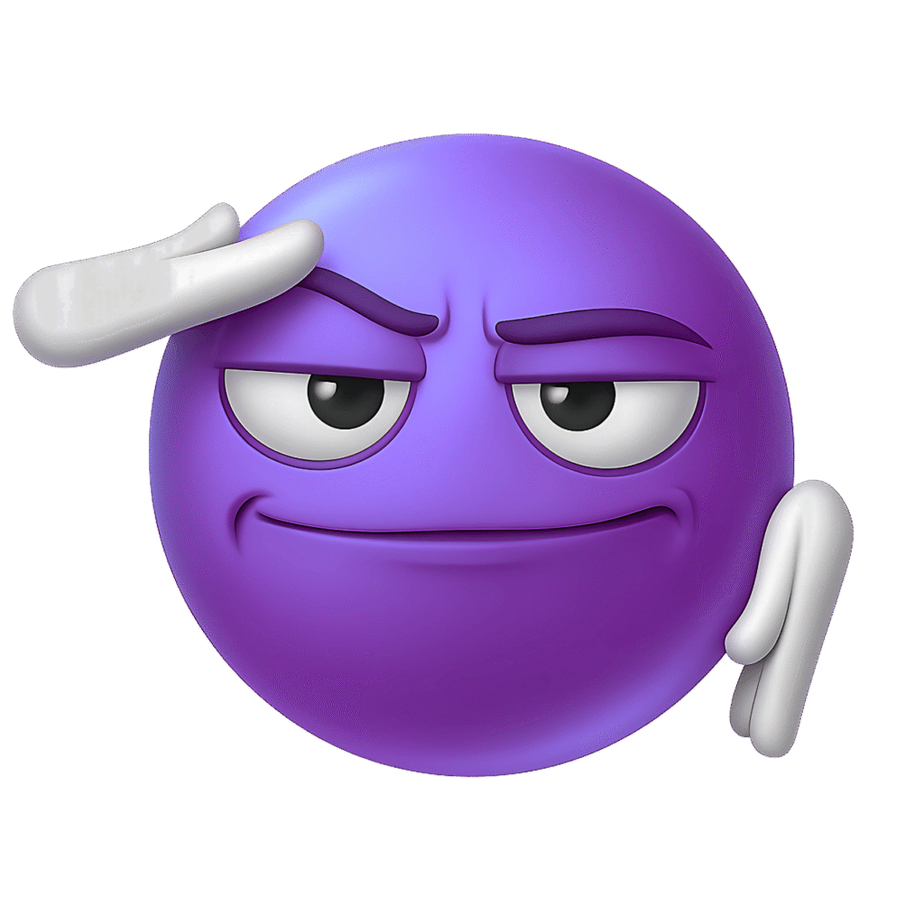 Purple Salute Emoji PNG &ndash; 3D Smirking Face Clipart with Transparent Background for Reels, Memes & Social Media Posts