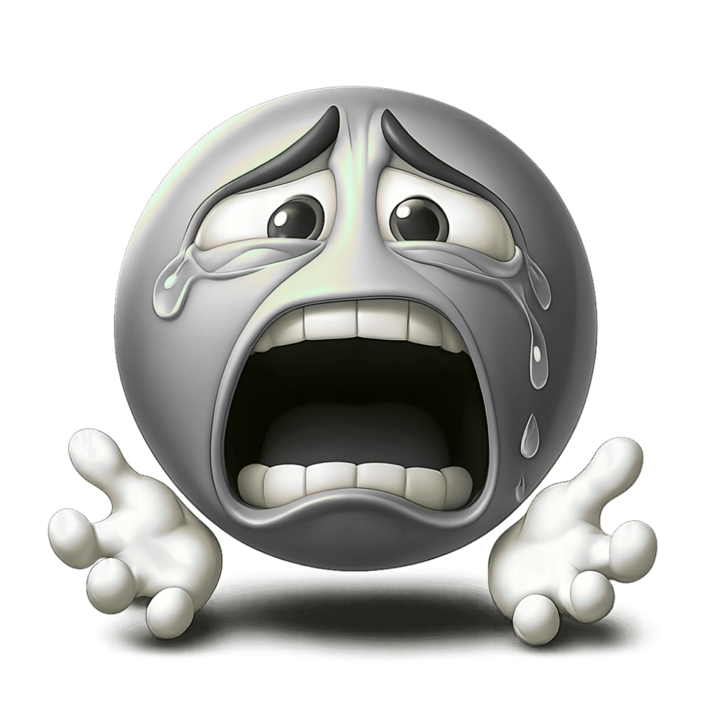 Gray crying emoji with teardrops and open mouth expression, desperate emotional clipart PNG with transparent background