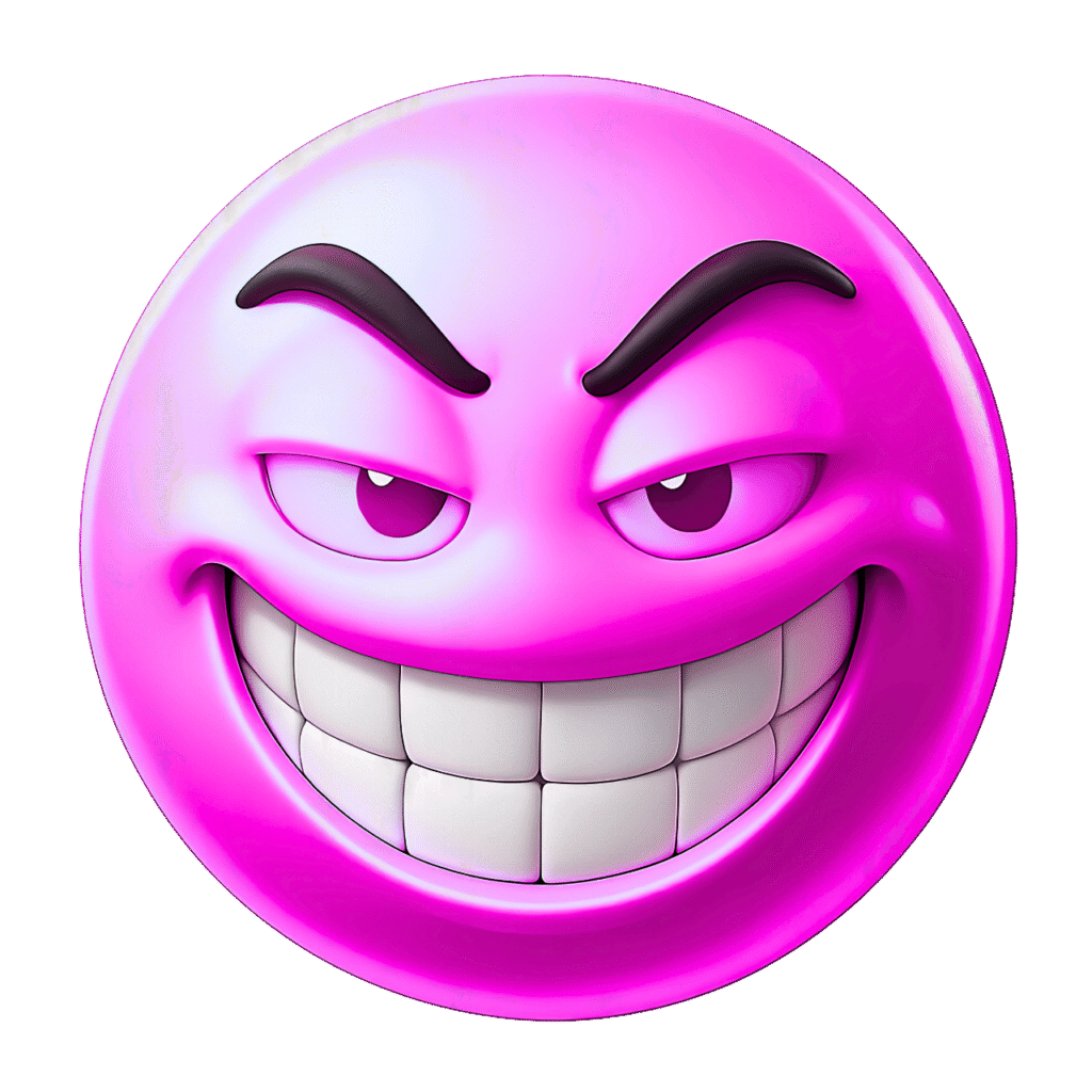 Pink 3D Troll Emoji with Sly Grin and Arched Brows &ndash; Transparent Background ClipArt