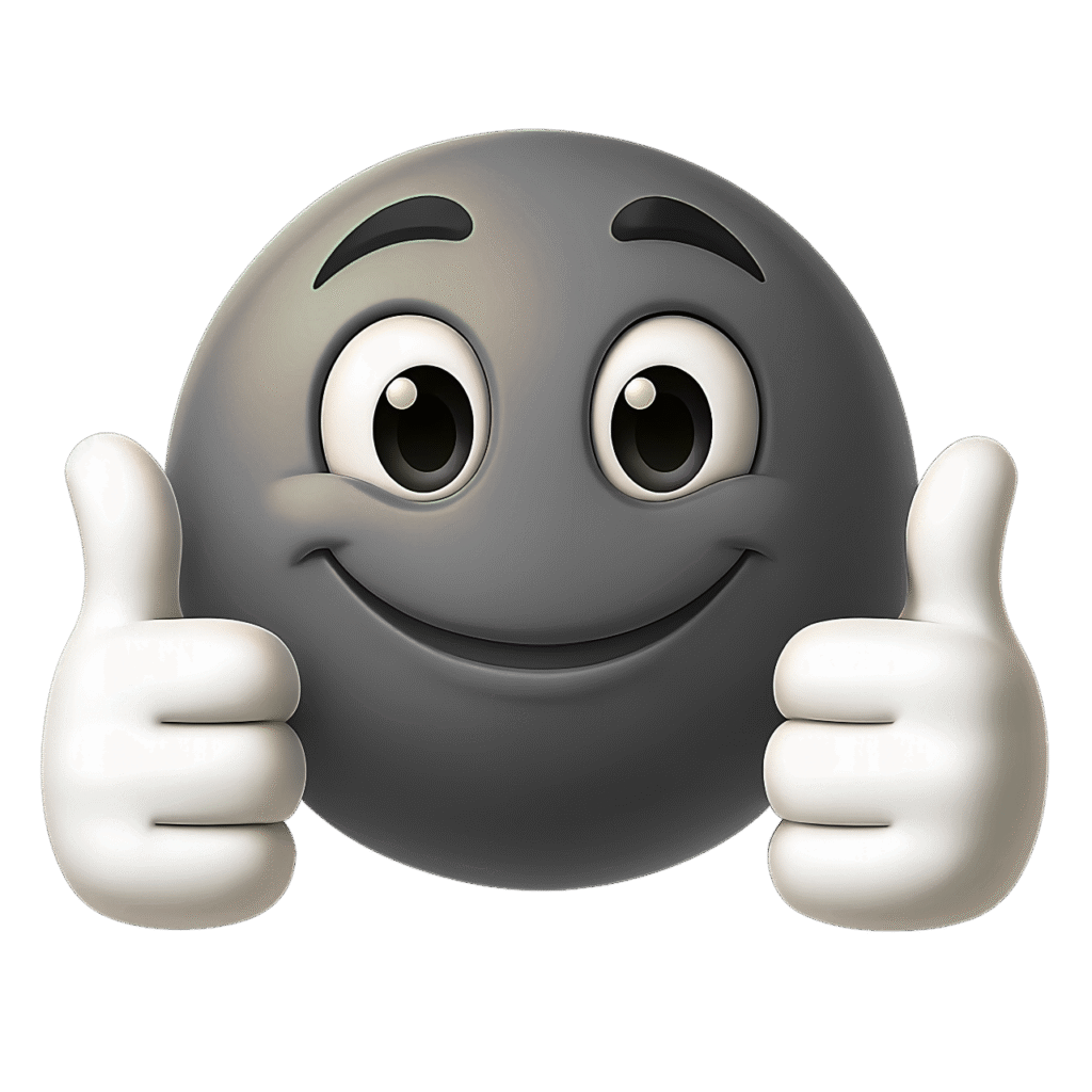 3D black and white smiley emoji giving double thumbs up with shiny surface and expressive eyes on transparent background