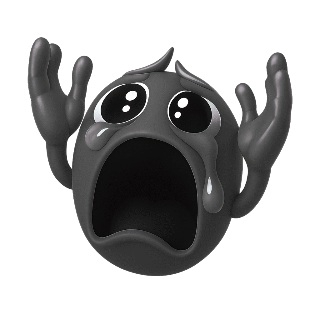 3D dark gray crying emoji yelling &ldquo;Nooo&rdquo; with raised hands and teardrops