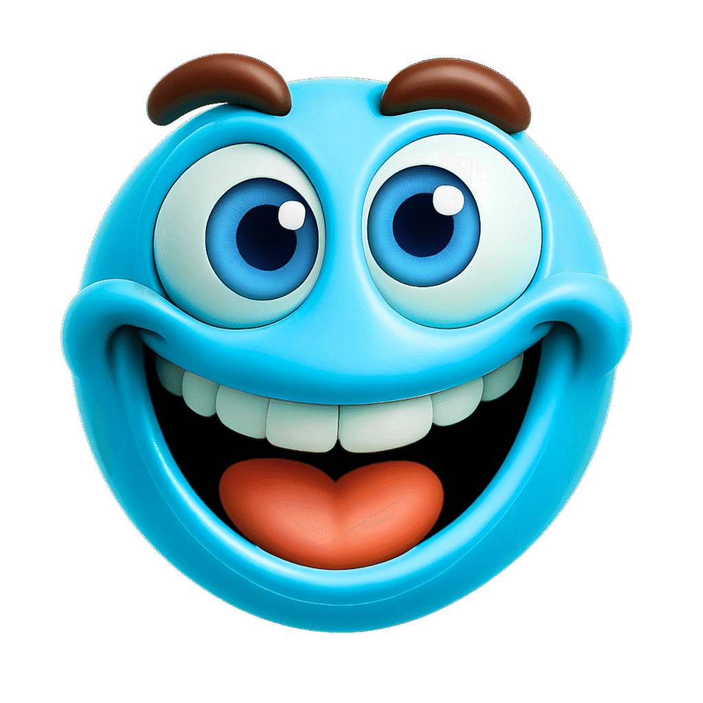 3D blue smiley face emoji with large blue eyes, brown eyebrows, white teeth, and orange tongue on a transparent background &ndash; cheerful cartoon clipart image