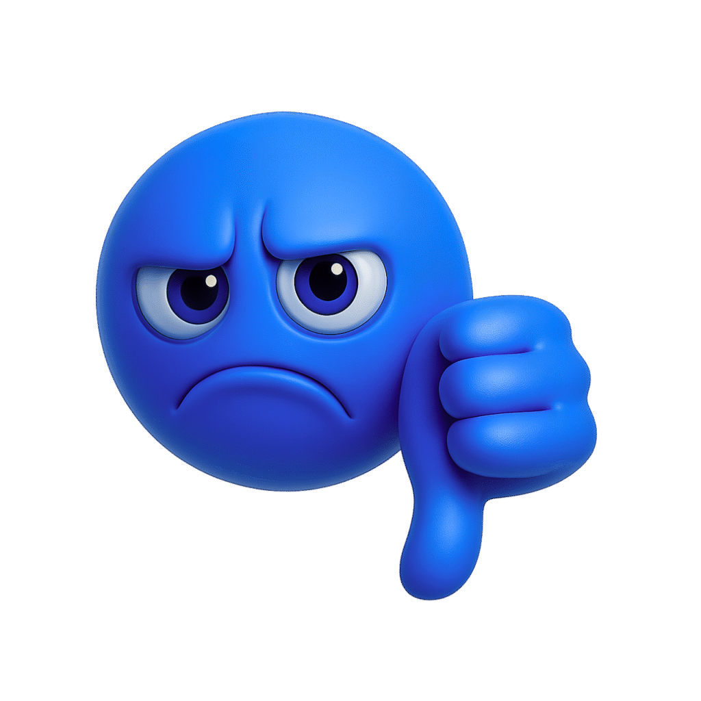 3D blue emoji with a sad face and thumbs down gesture, expressing disappointment and disapproval, on a transparent background