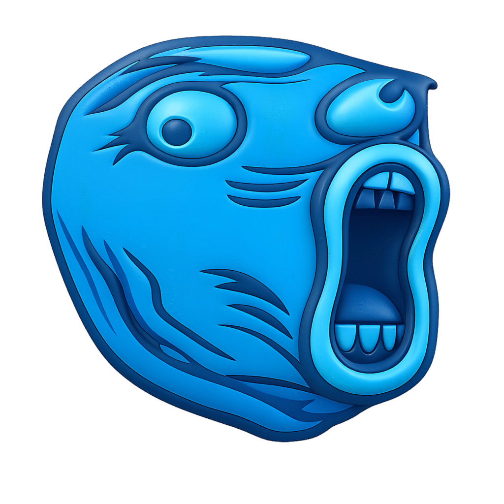 3D blue troll meme face with exaggerated expression, open mouth, and cartoonish features, on a transparent background.