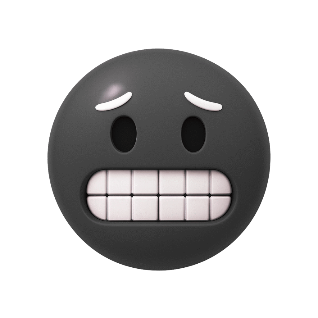 3D cringe emoji with clenched teeth and raised eyebrows in dark gray color, symbolizing nervousness or awkward tension.