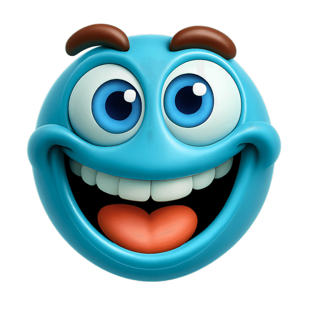 3D cyan blue smiley face emoji with exaggerated blue eyes, wide grin showing white teeth, orange tongue, and raised eyebrows &ndash; transparent PNG clipart for digital use