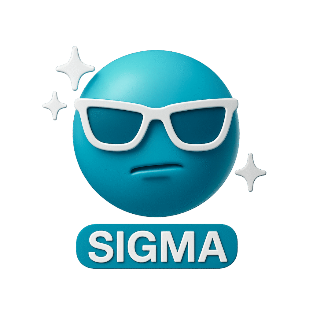 3D cyan blue sigma emoji wearing white sunglasses, confident expression with sparkles and &ldquo;SIGMA&rdquo; label, transparent background