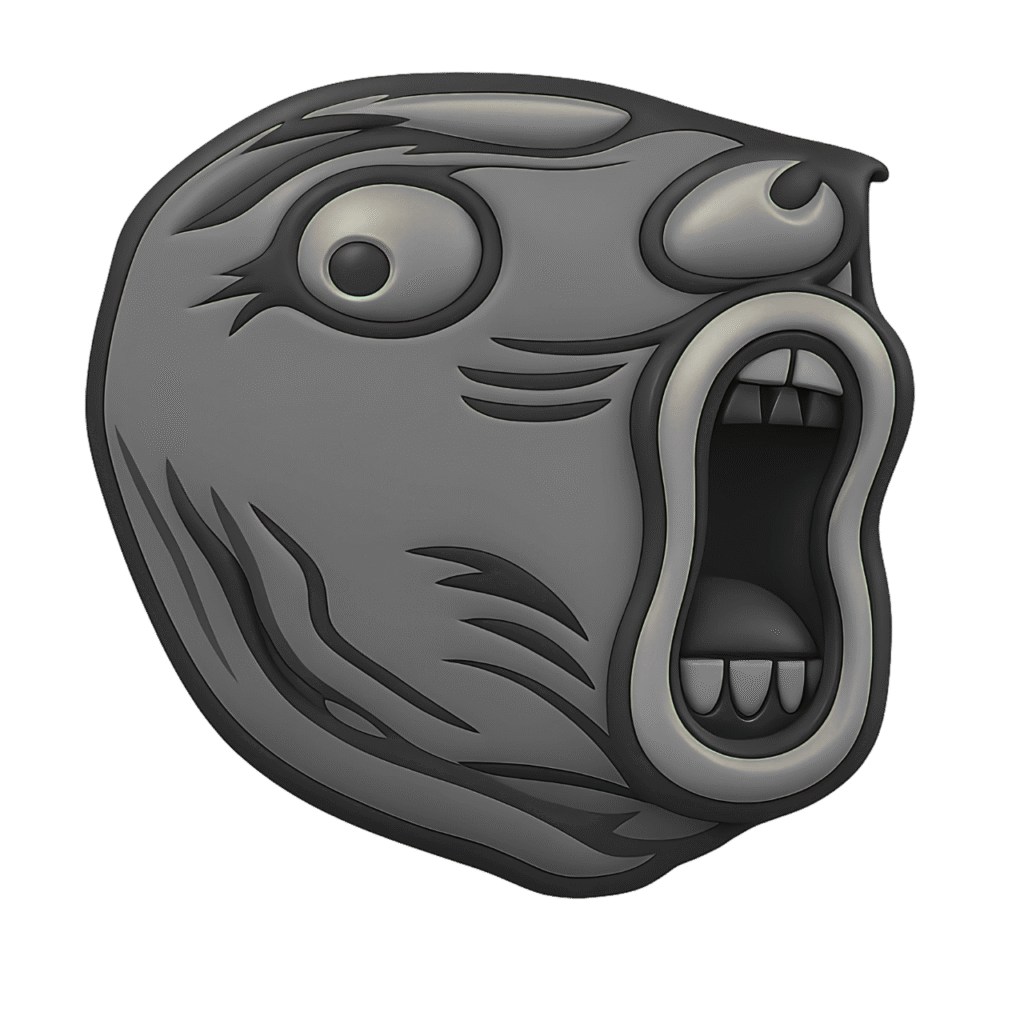 3D gray troll meme face with cartoonish rage comic style, wide open mouth and bulging eyes, on a transparent background.