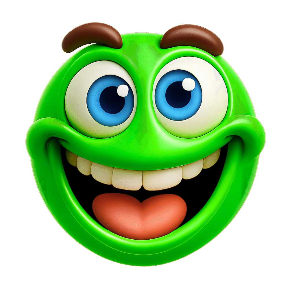 3D green happy emoji face with big blue eyes, brown eyebrows, white teeth, and an orange tongue &ndash; transparent background cartoon clipart