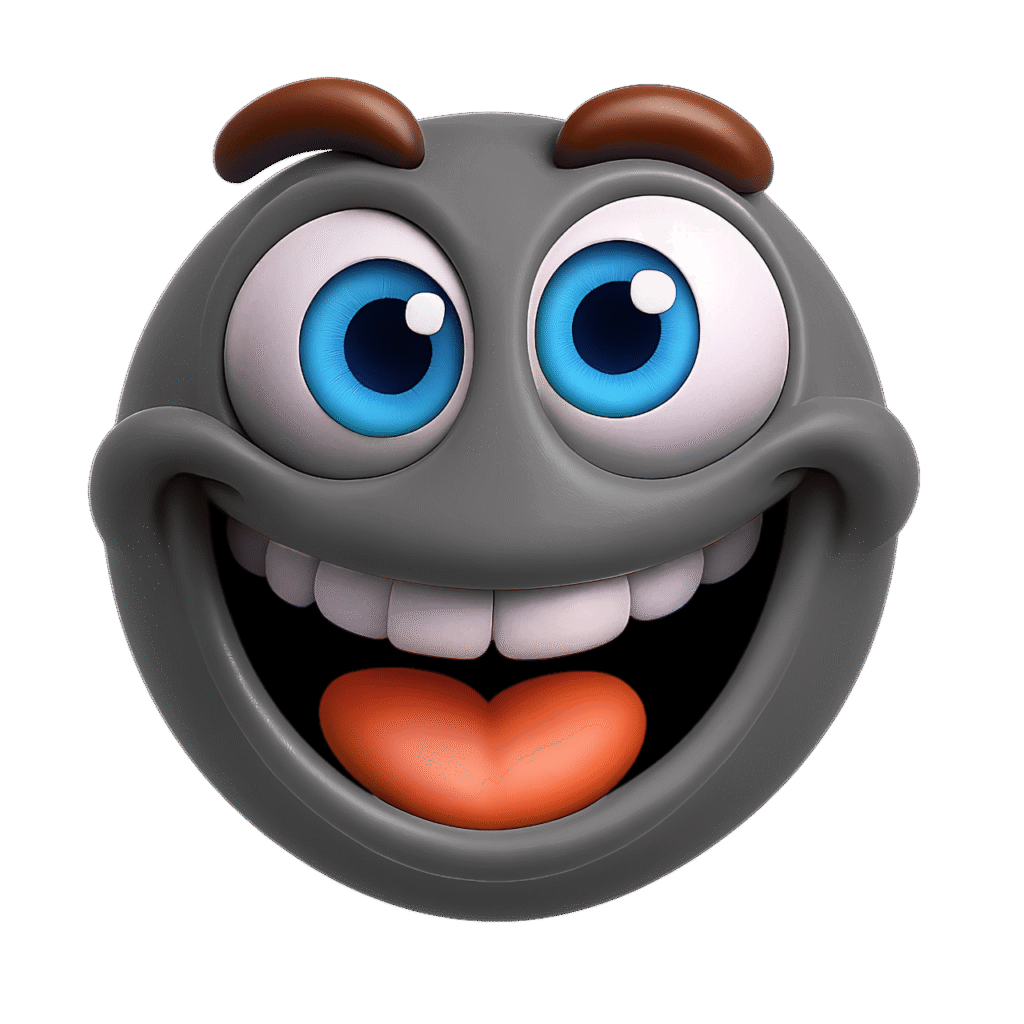 3D grey smiling emoji with large blue eyes, white teeth, brown eyebrows, and an orange tongue &ndash; transparent background clipart