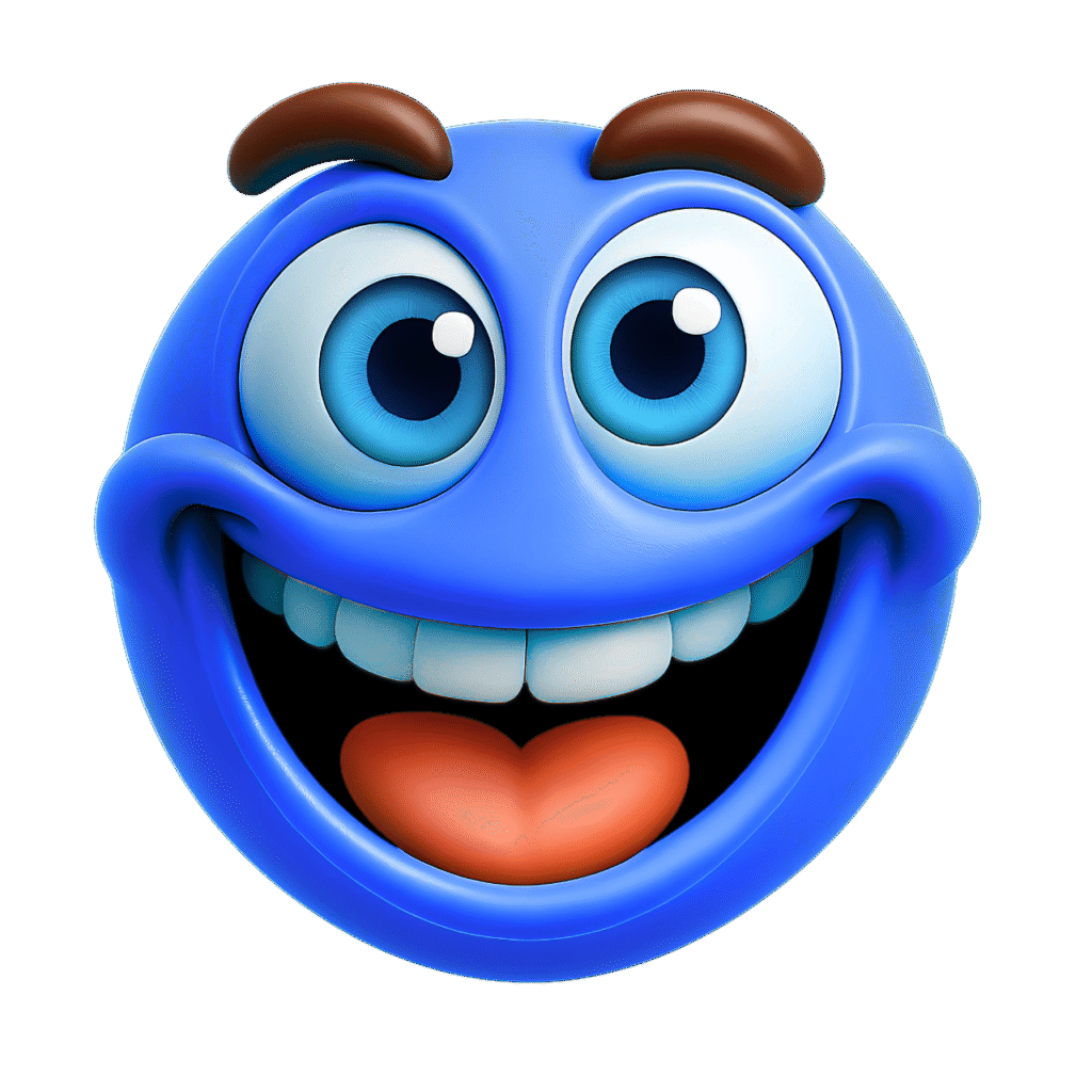 3D happy blue emoji face with big eyes, white teeth, and an orange tongue, smiling widely &ndash; transparent background clipart