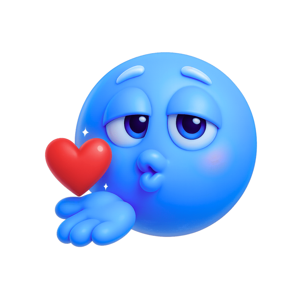 3D kissy face blue emoji blowing a red heart kiss with dreamy eyes and puffy cartoon hand on transparent background