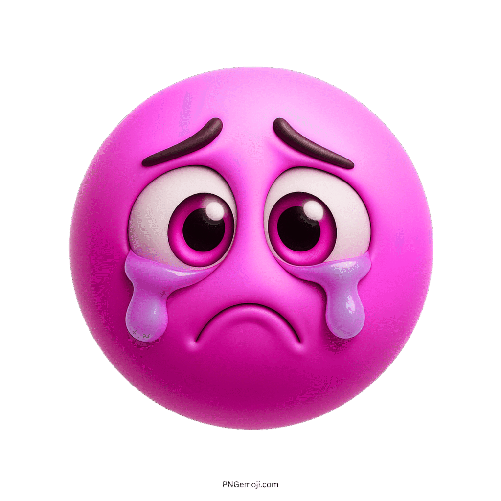 3D pink crying emoji face with large teary eyes and transparent