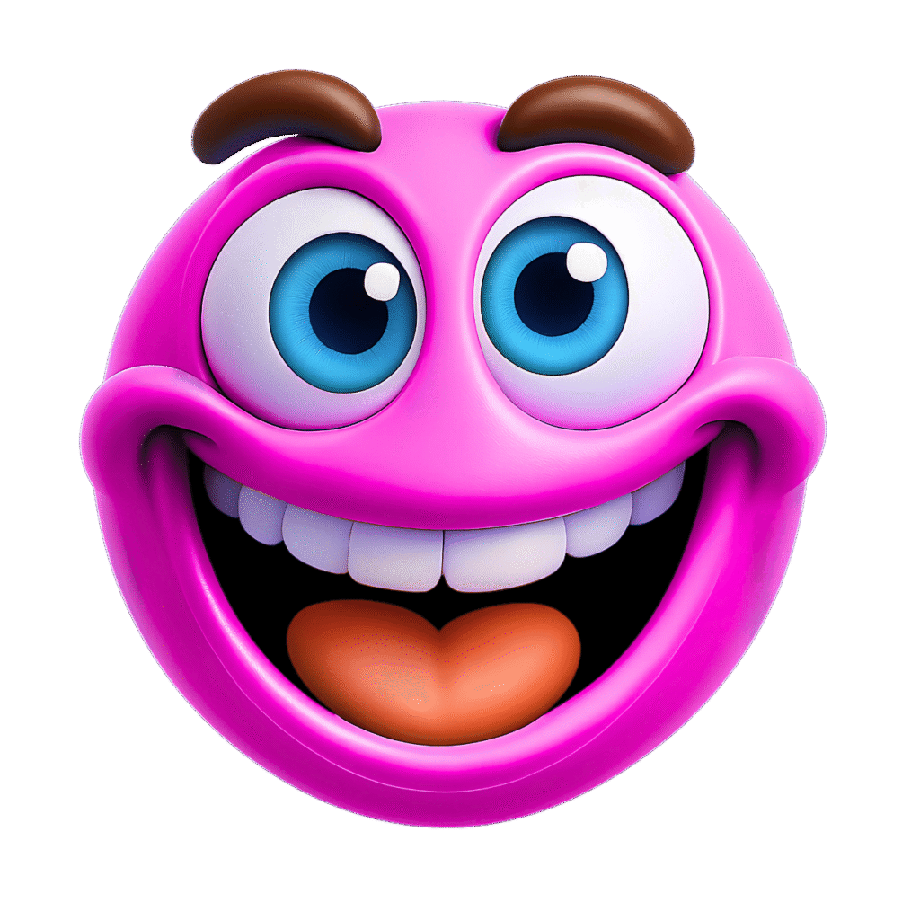 3D pink smiley face emoji with large blue eyes, raised brown eyebrows, big toothy grin, and orange tongue &ndash; transparent background cartoon clipart