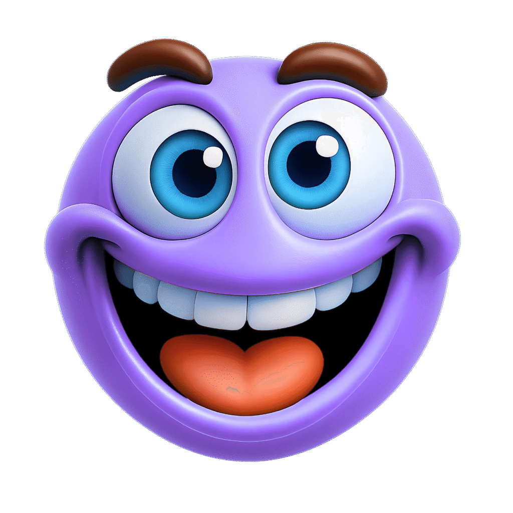 3D purple smiley face emoji with large blue eyes, brown eyebrows, wide open smile showing teeth, and orange tongue &ndash; transparent background clipart for fun designs