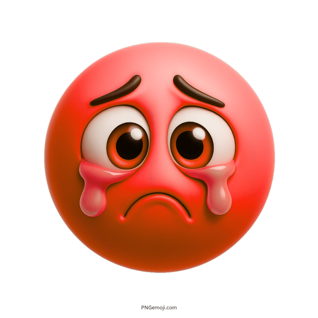 3D red sad emoji face with emotional teary eyes and falling tears on transparent background
