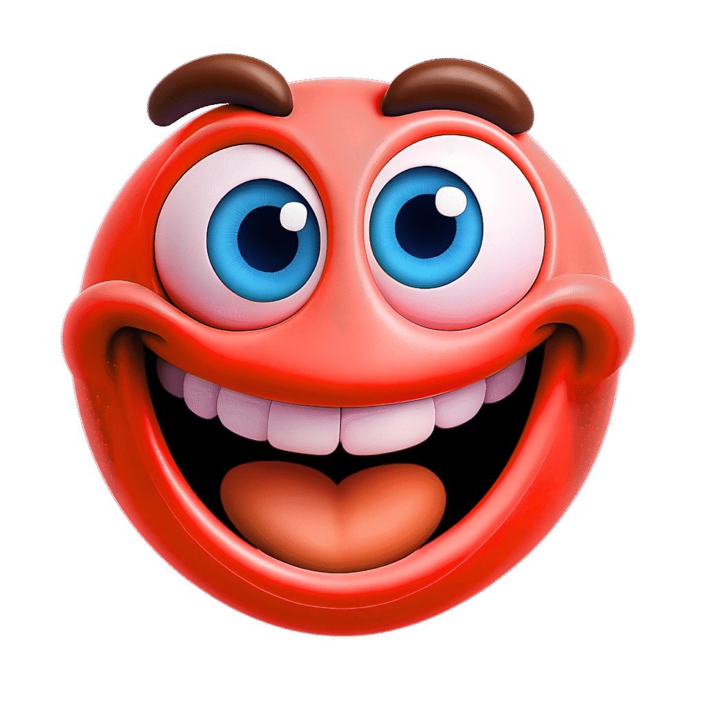 3D red smiley face emoji with large blue eyes, brown eyebrows, white teeth, and an orange tongue on a transparent background &ndash; fun cartoon clipart image