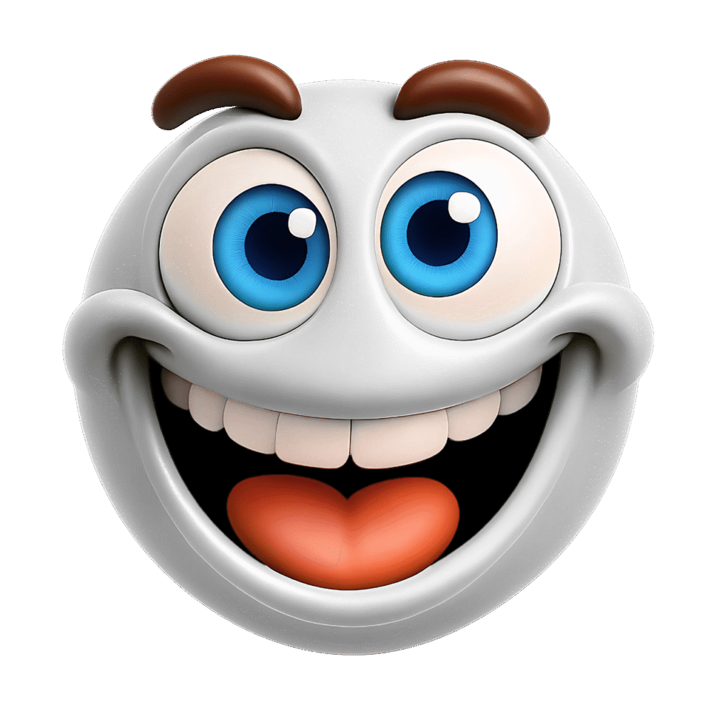 3D white smiley face emoji with big blue eyes, brown eyebrows, white teeth, and an orange tongue &ndash; transparent background clipart