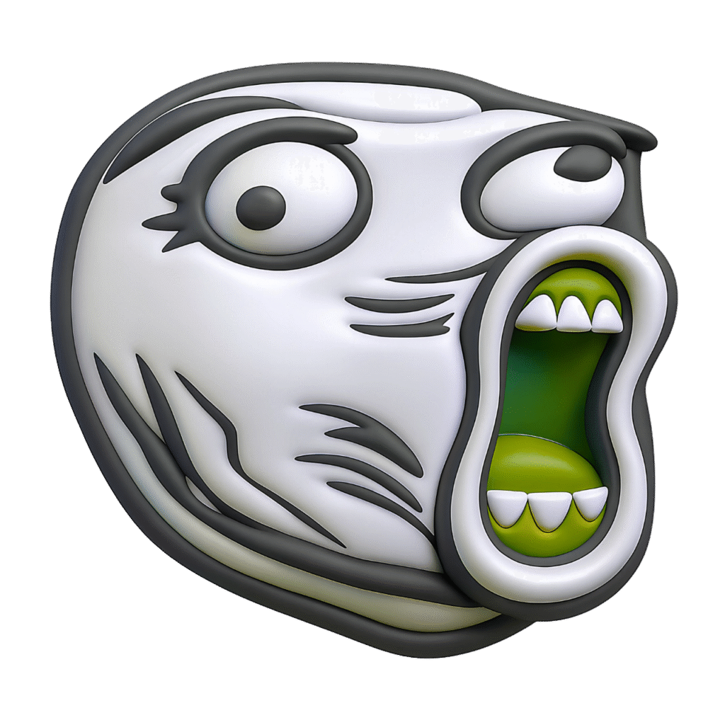 3D white troll meme face with exaggerated cartoon features, open green mouth and bulging black-rimmed eyes, on a transparent background.
