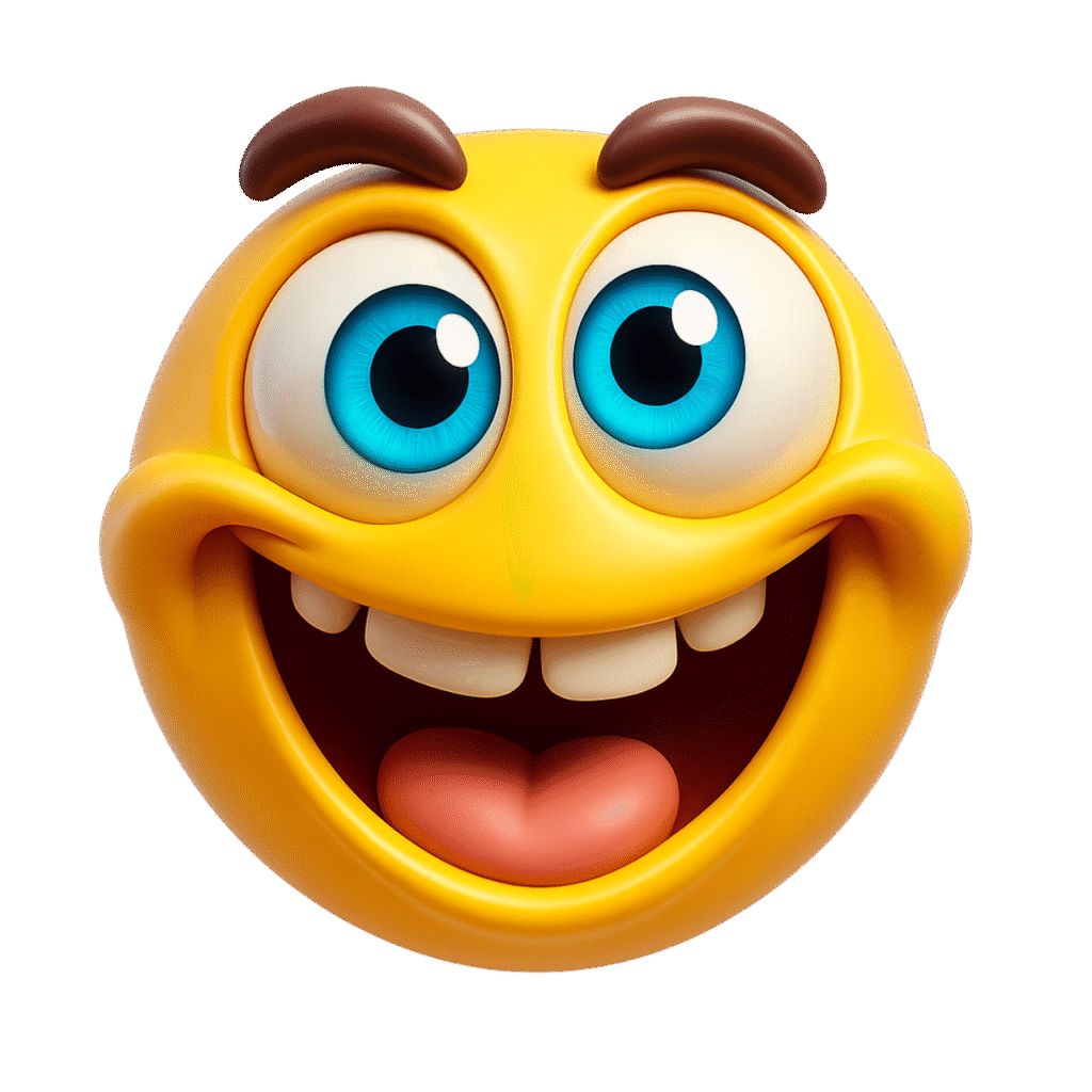 3D yellow smiley emoji with big blue eyes, brown eyebrows, white teeth, and a red tongue &ndash; transparent background clipart image