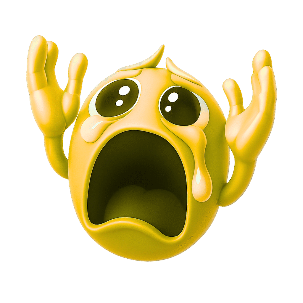 3D yellow crying emoji shouting &ldquo;Nooo&rdquo; with raised hands and large tears