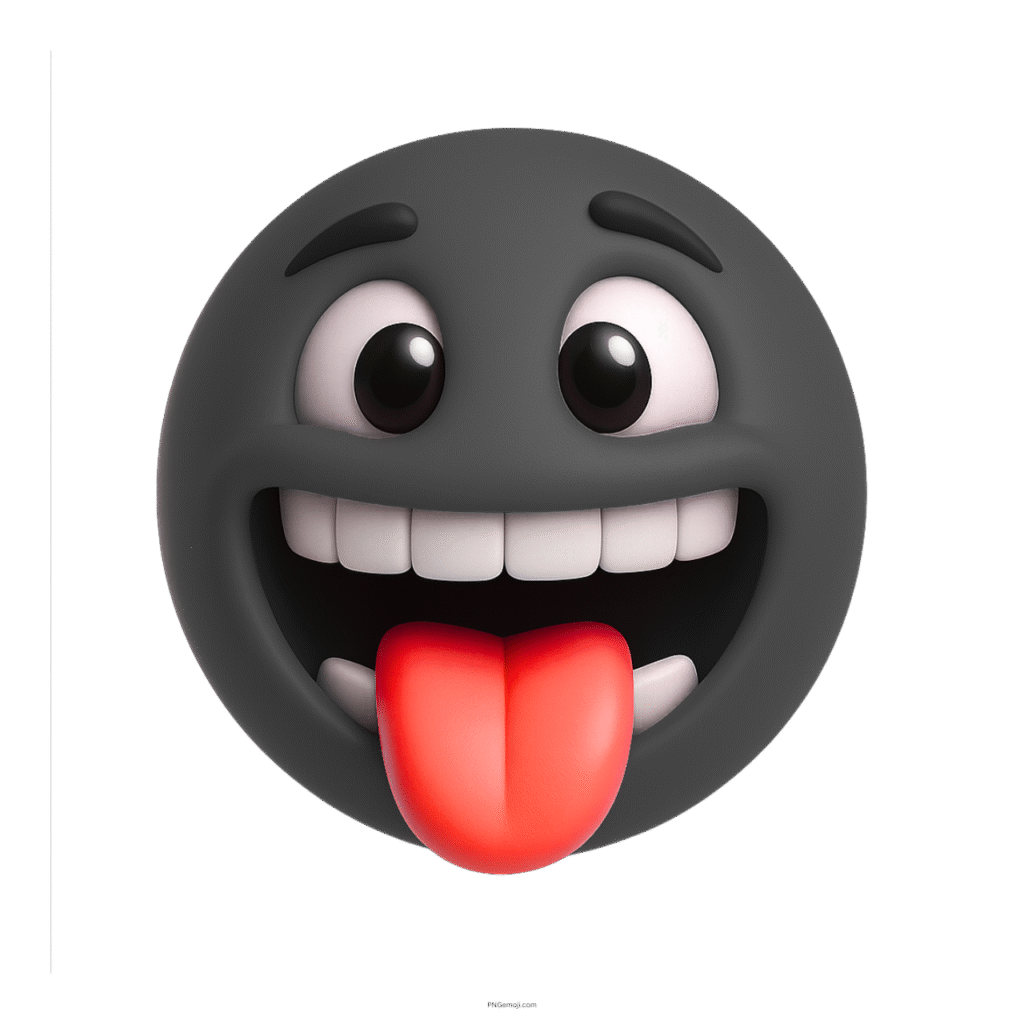 3D black funny emoji with big eyes, wide smile, and red tongue out