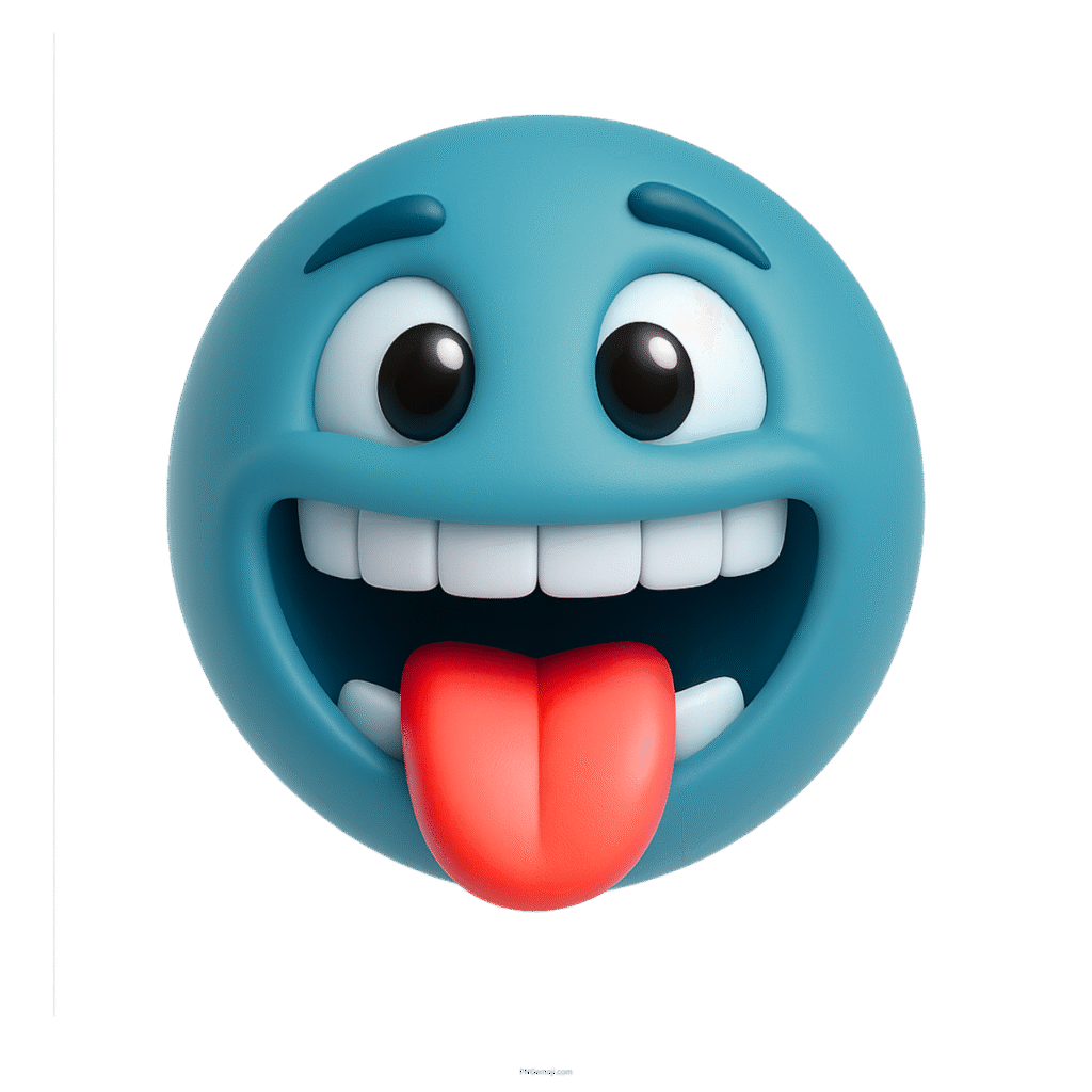 3D teal emoji face with tongue sticking out and playful cartoon features