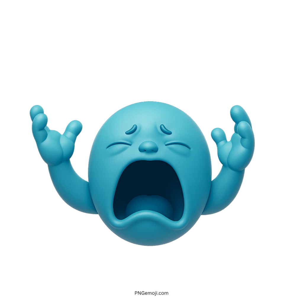 3D aqua blue big baby emoji crying with raised hands and wide open mouth
