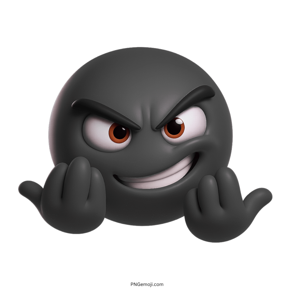 3D black C'Mon emoji face with angry expression and raised gesture hands
