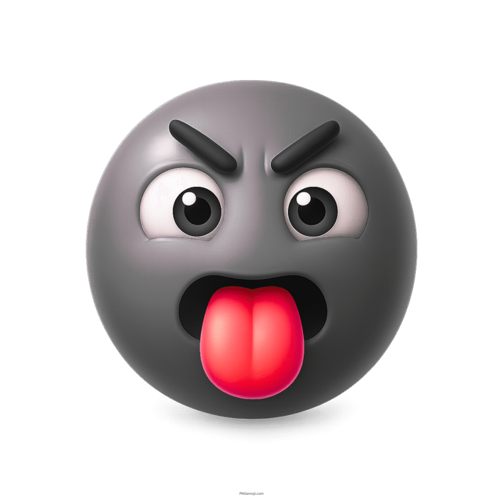 3D black emoji with tongue out and playful angry face expression