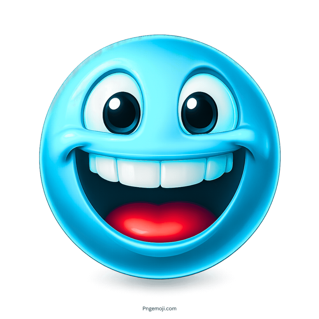 3D blue happy emoji with big toothy smile and joyful cartoon face