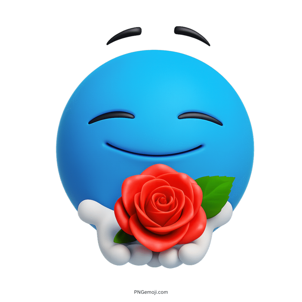 3D blue smiley emoji offering red rose with love and affection gesture