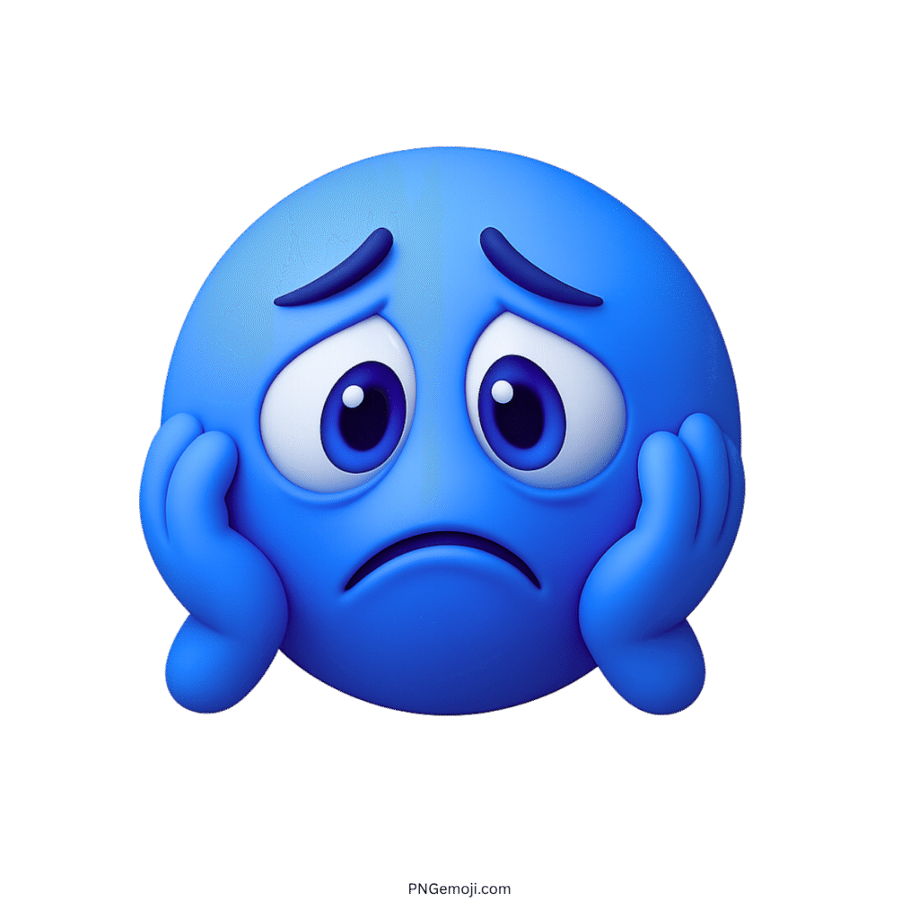 3D blue worried emoji face with sad eyes and hands on cheeks
