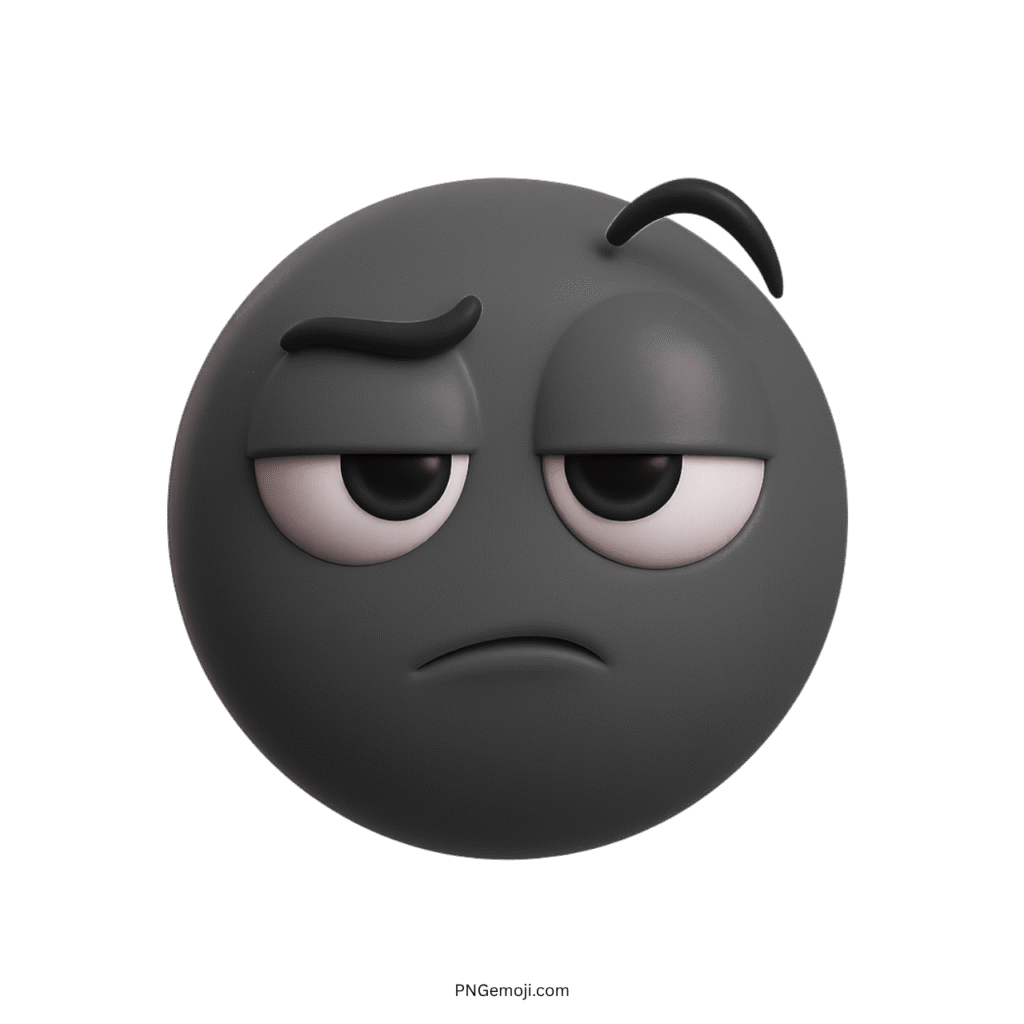 3D dark grey bored emoji face with unimpressed eyes and raised eyebrow expression