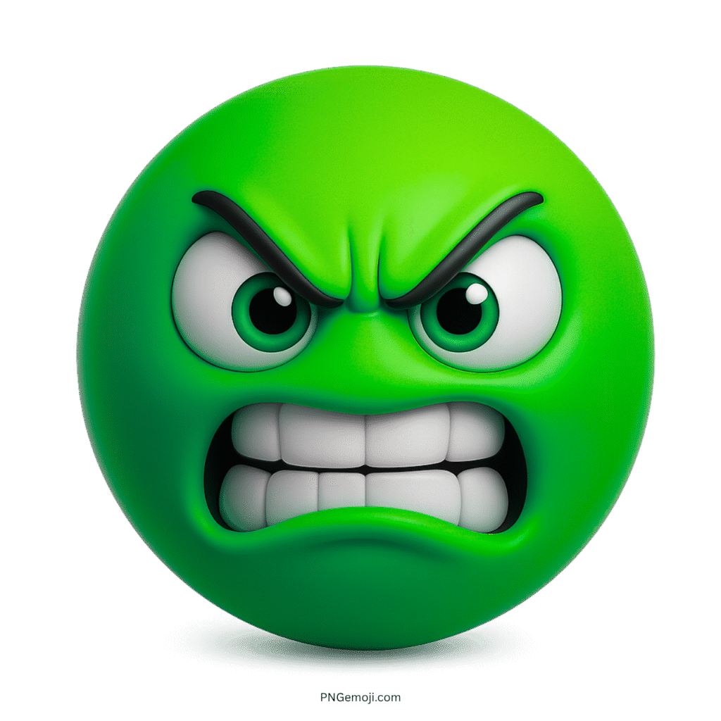 3D green angry emoji face with furious eyes and clenched teeth expression