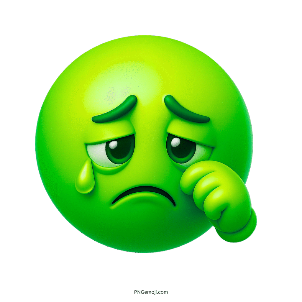 3D green sad emoji face crying with tear and wiping hand gesture