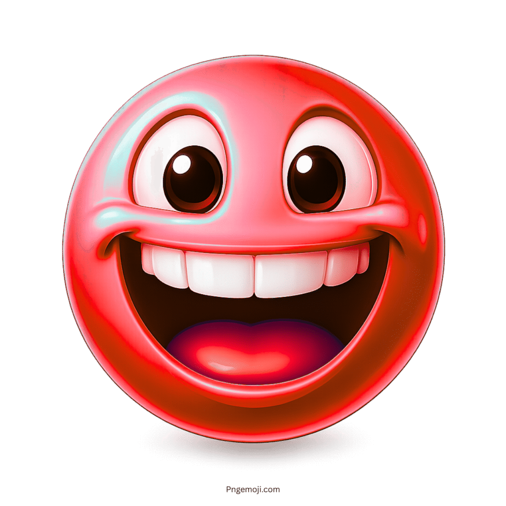 3D happy red smiley emoji with big white teeth and joyful cartoon expression