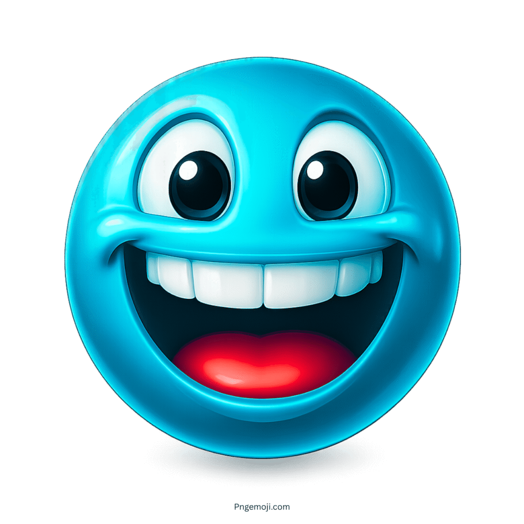 3D light blue emoji with big smile, glossy teeth, and cheerful cartoon face