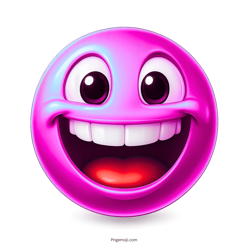 3D pink emoji with big grin and expressive smiling cartoon face