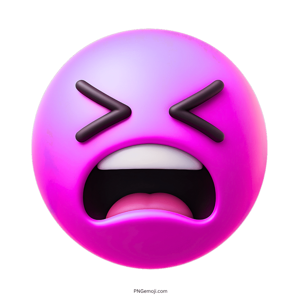 3D purple frustrated face emoji showing angry, upset, or overwhelmed expression with closed eyes