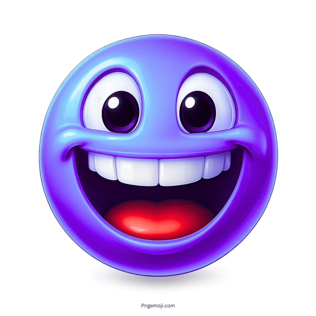 3D purple emoji with big smile, glossy teeth, and happy cartoon expression